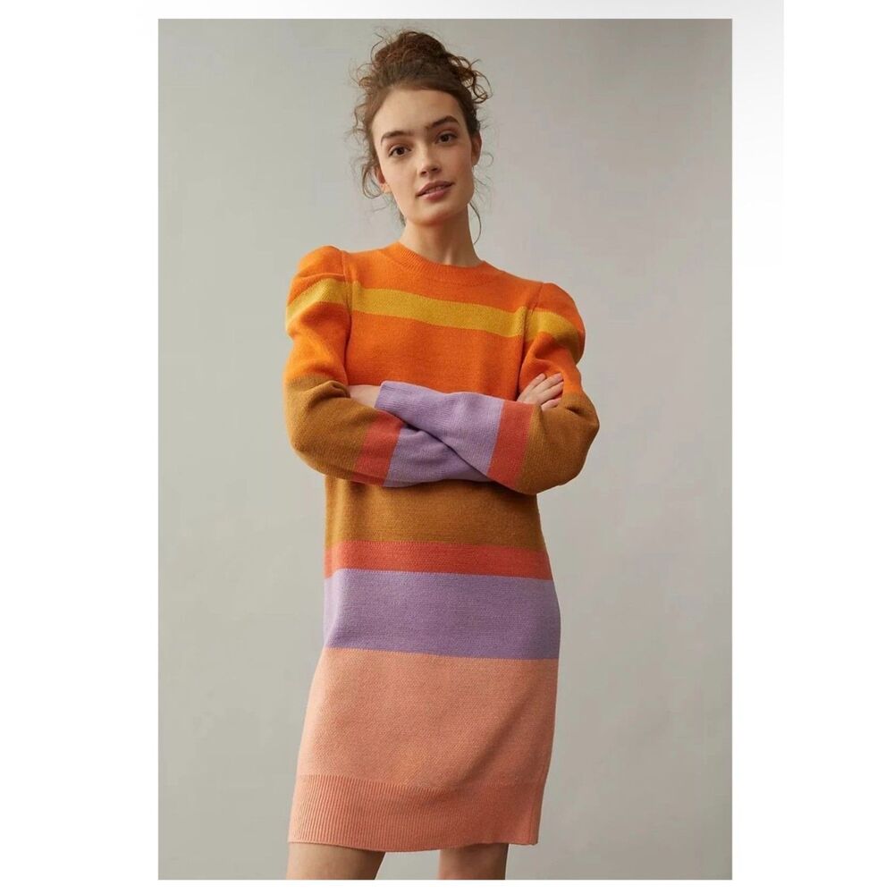 FARM for Anthropologie Rainbow Stripe Puff Sleeve Sweater Dress S Colorblock